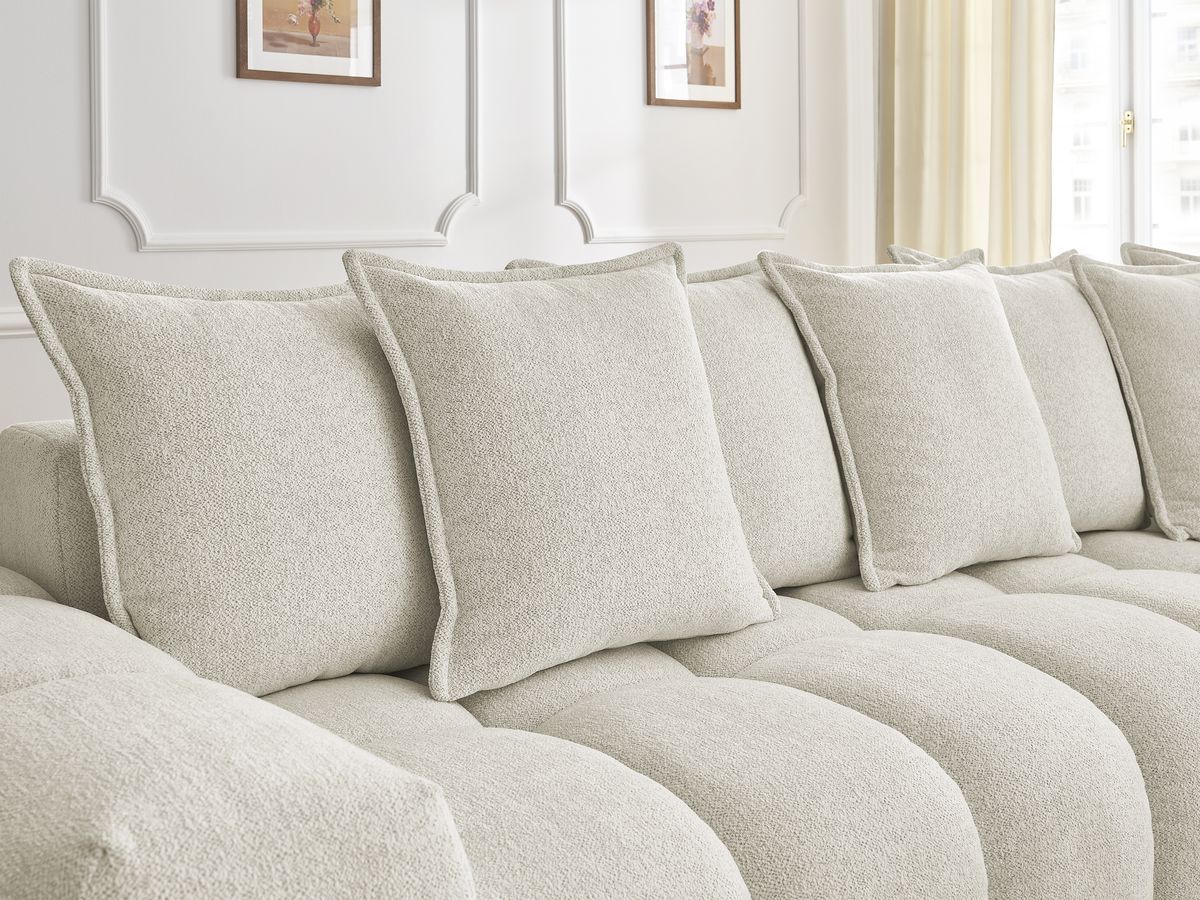 Bobochic Everest Ecksofa mit Schlaffunktion und Pouf, 10 Kissen Melange-Stoff Weiß Ecke rechts