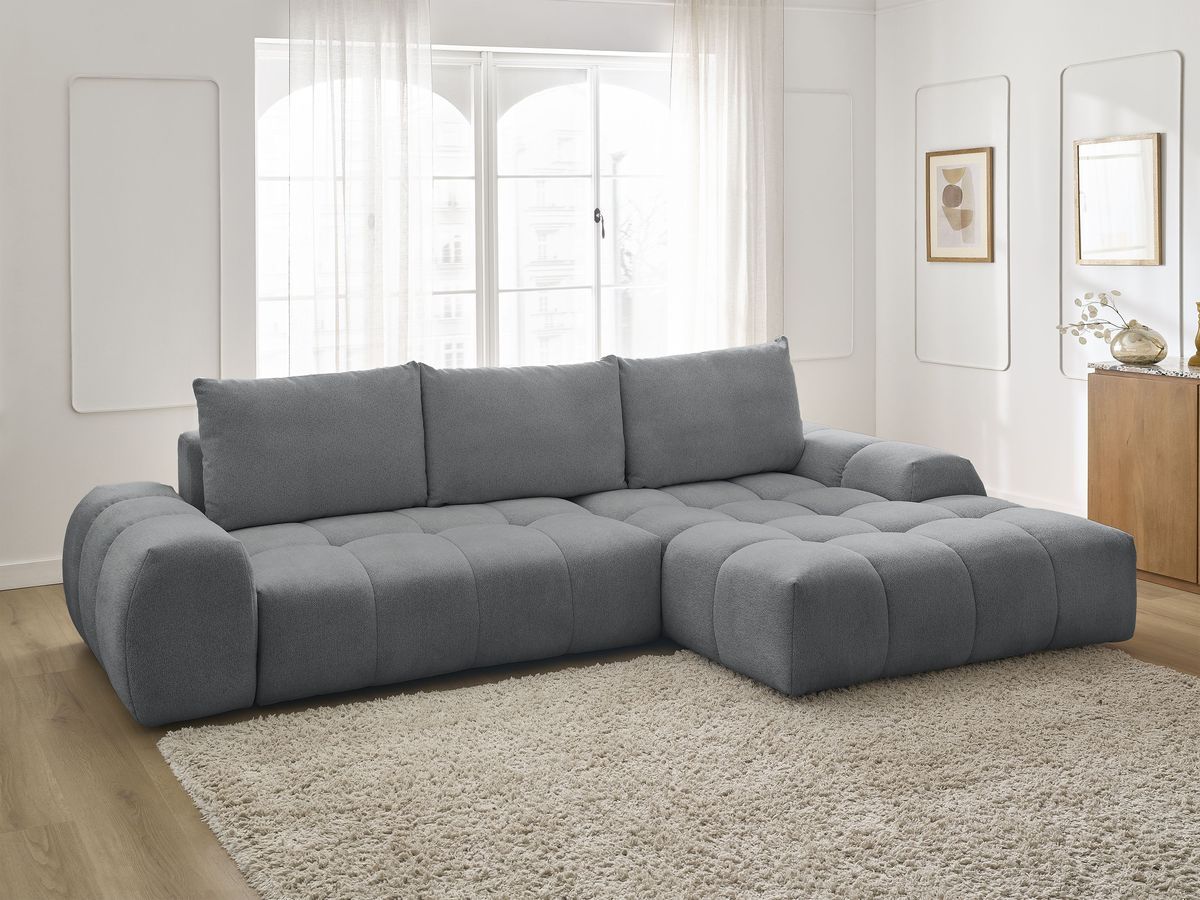 Bobochic Everest Ecksofa mit Schlaffunktion und Bettkasten 318 × 180 cm, 3 Kissen Melange-Stoff Dunkelgrau Ecke rechts