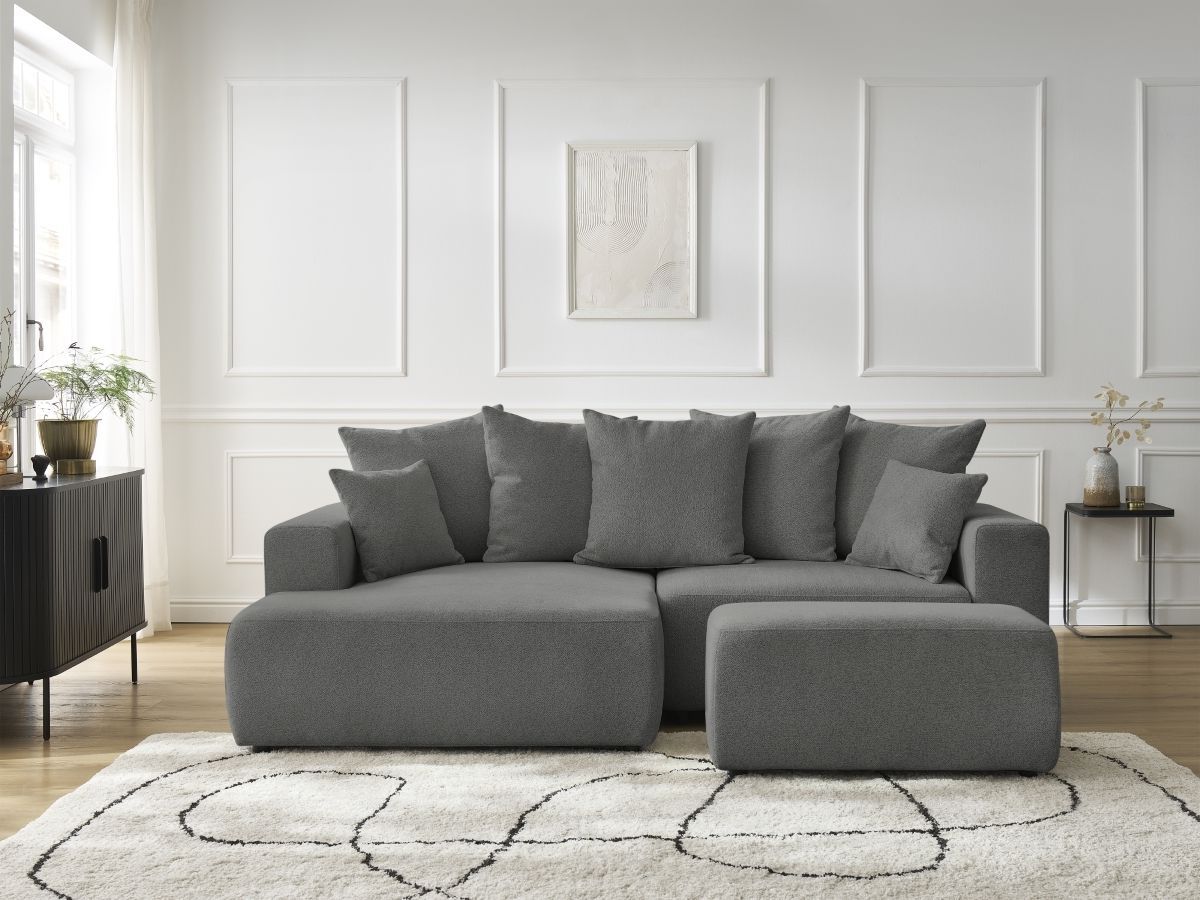 Bobochic Atilla Ecksofa mit Schlaffunktion und Bettkasten und Pouf Melange-Stoff Dunkelgrau Ecke links