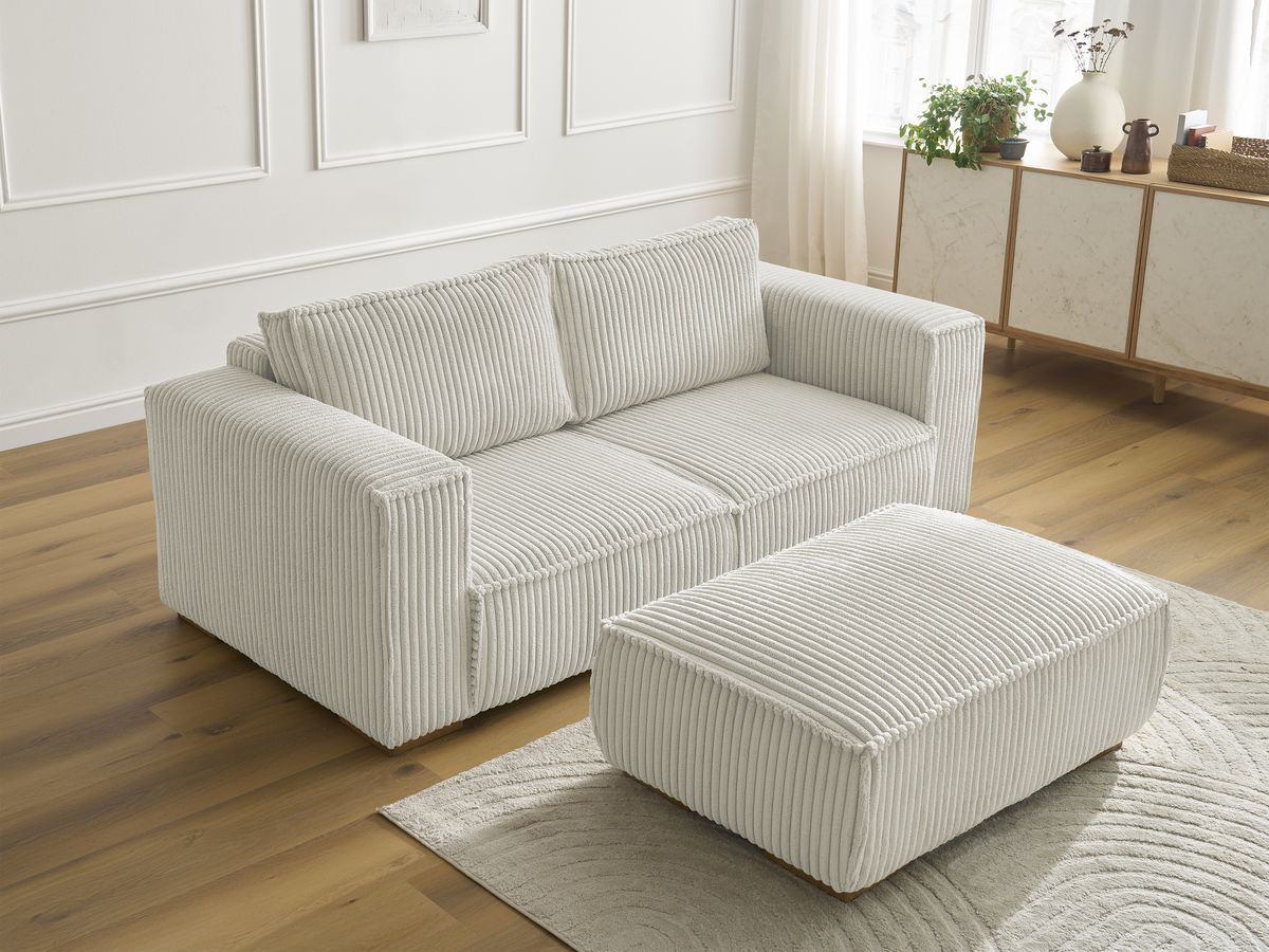 Bobochic Chelsea Sofa 3-Sitzer mit Pouf Breitcord weich Beige