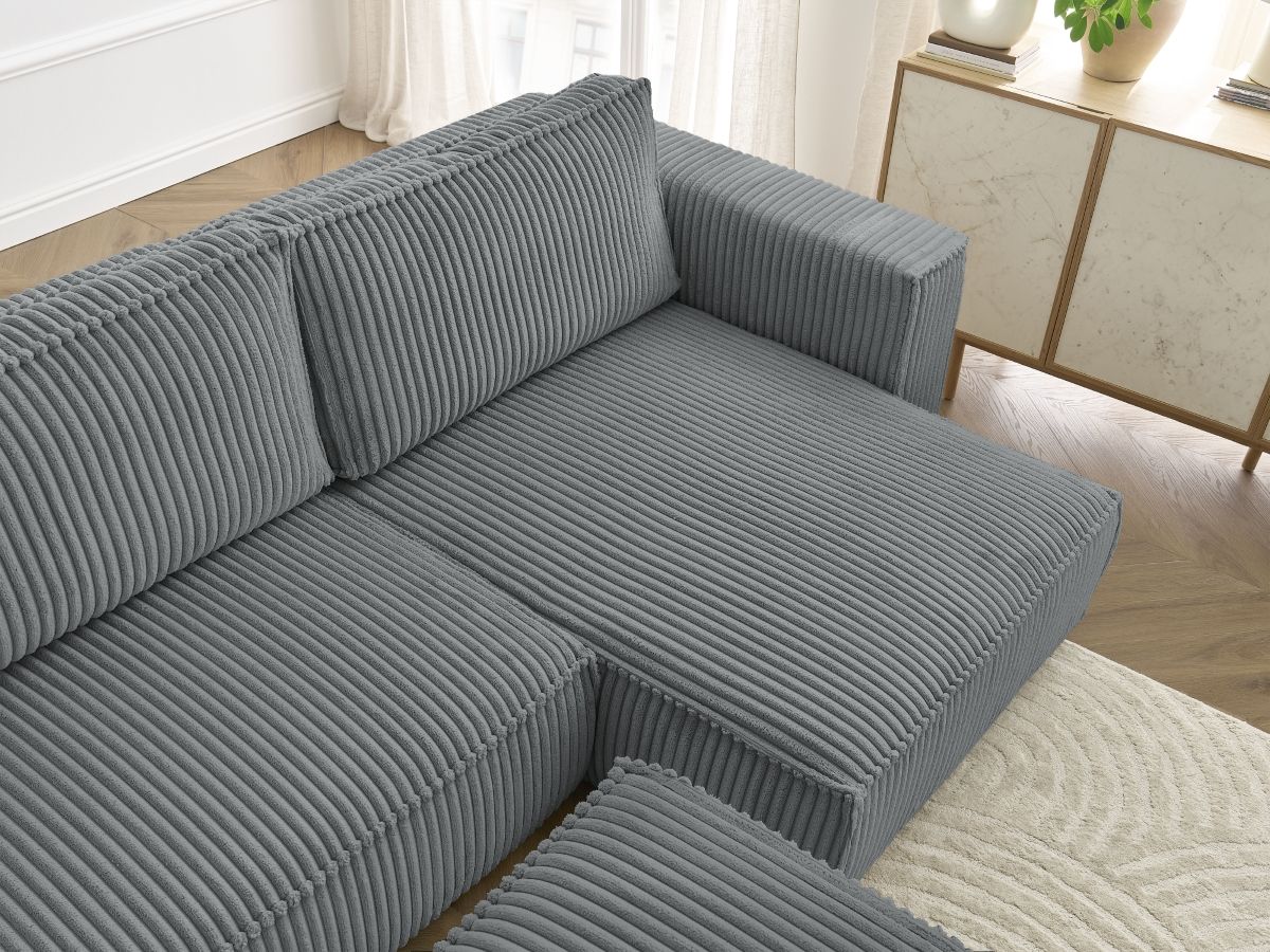 Bobochic Chelsea Ecksofa mit Schlaffunktion und Bettkasten und Pouf Breitcord weich Dunkelgrau
