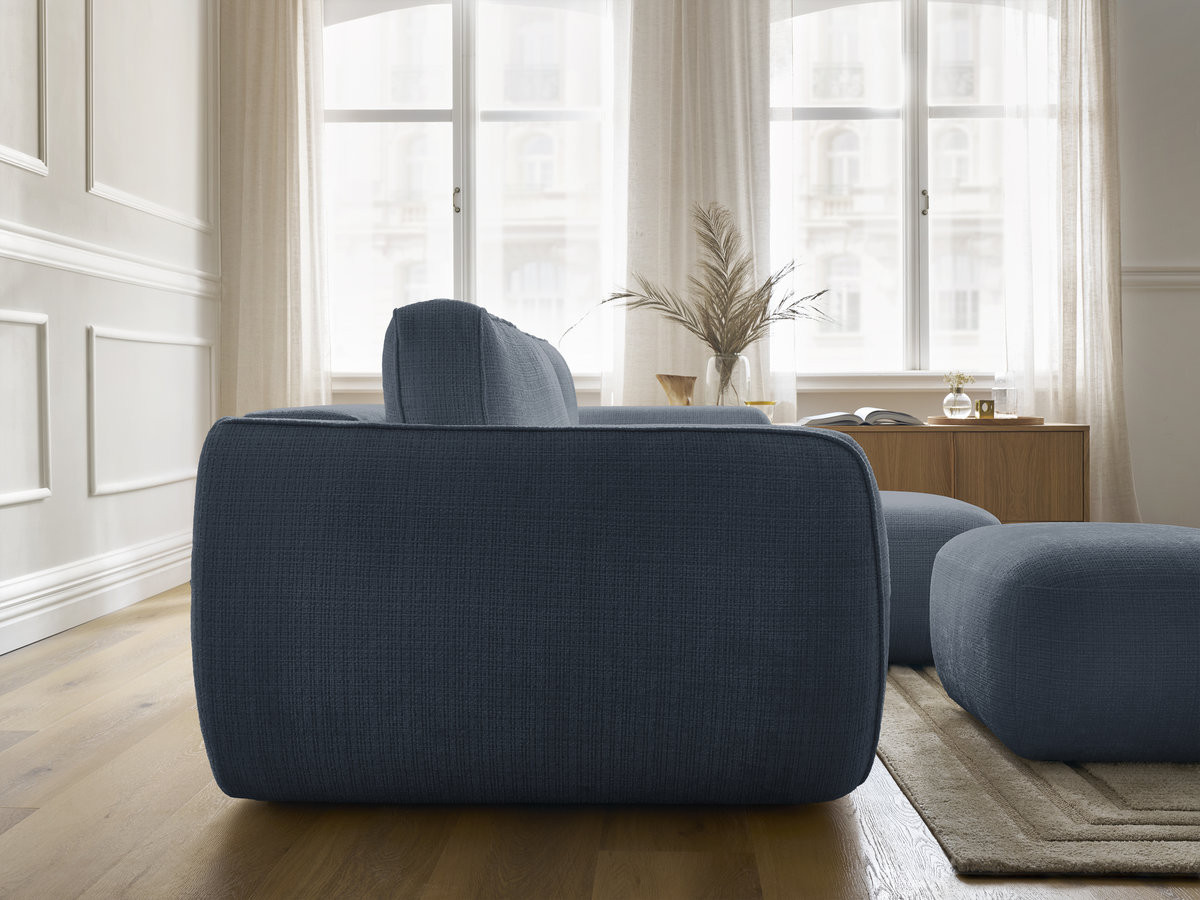 Bobochic Denise Ecksofa mit Schlaffunktion und Bettkasten und Pouf 258 × 160 cm Strukturstoff Dunkelblau Ecke rechts
