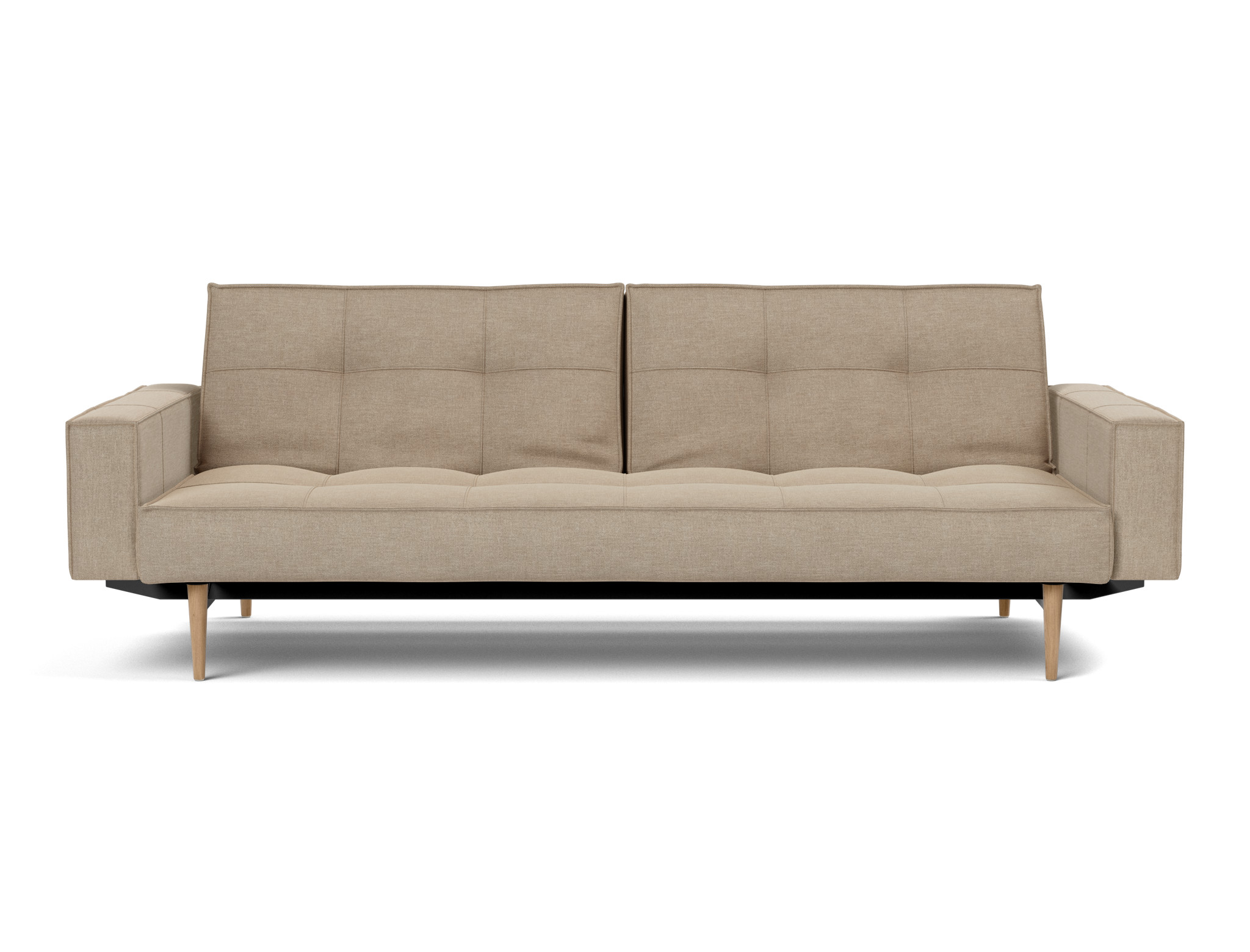 Schlafsofa Splitback mit Armlehnen Flachgewebe Phobos 587-Mocha Beine Styletto Eiche hell