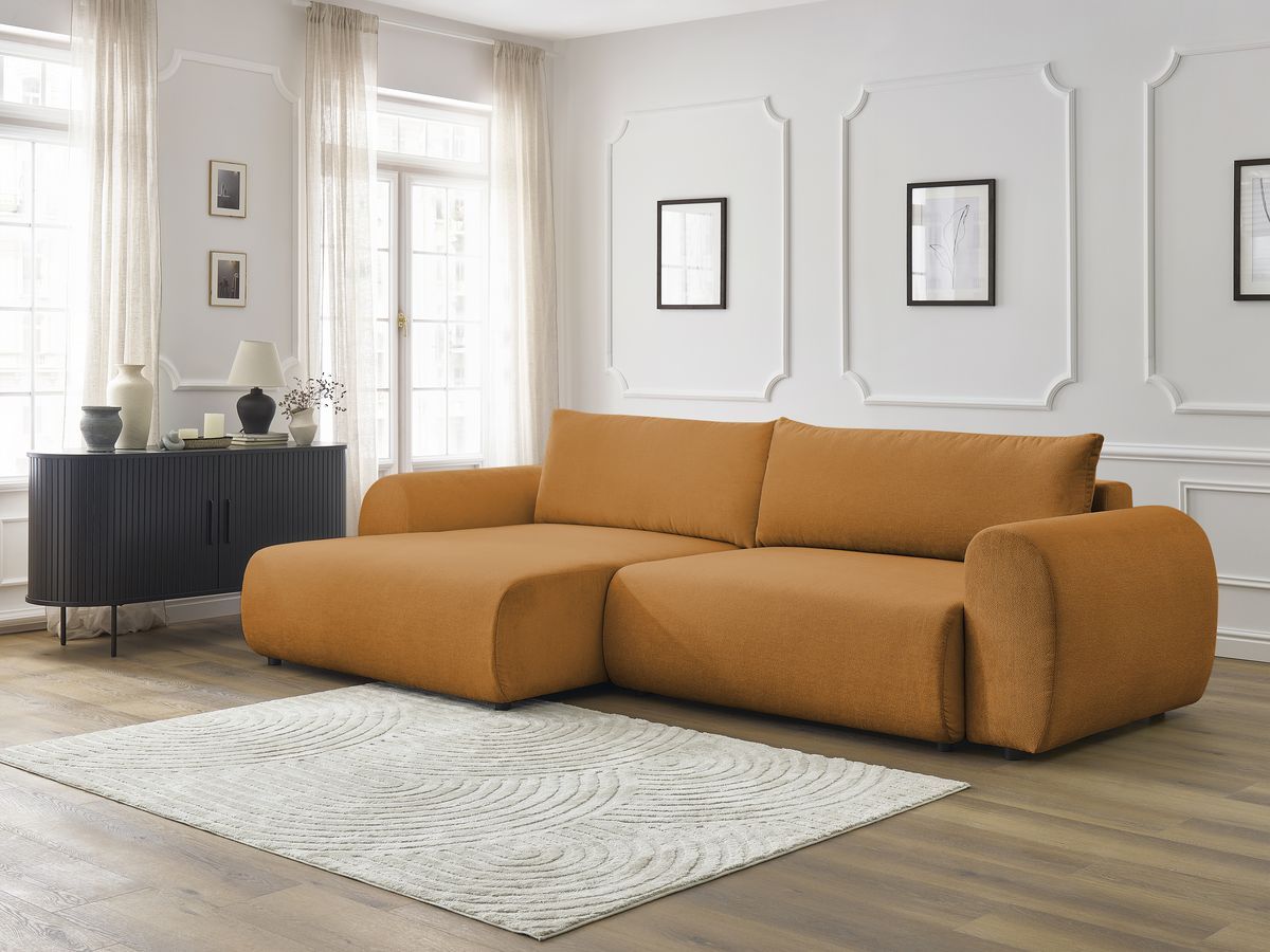 Bobochic Lucien Ecksofa mit Schlaffunktion und Bettkasten 314 × 167 cm Stoff Gelb Ecke links