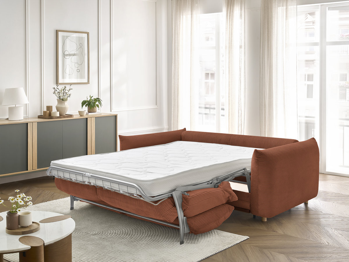 Bobochic Ernest Schlafsofa 3-Sitzer, Liegefläche 140 / 160 × 190 cm Cordsamt Orange, Liegefläche 140 × 190 cm