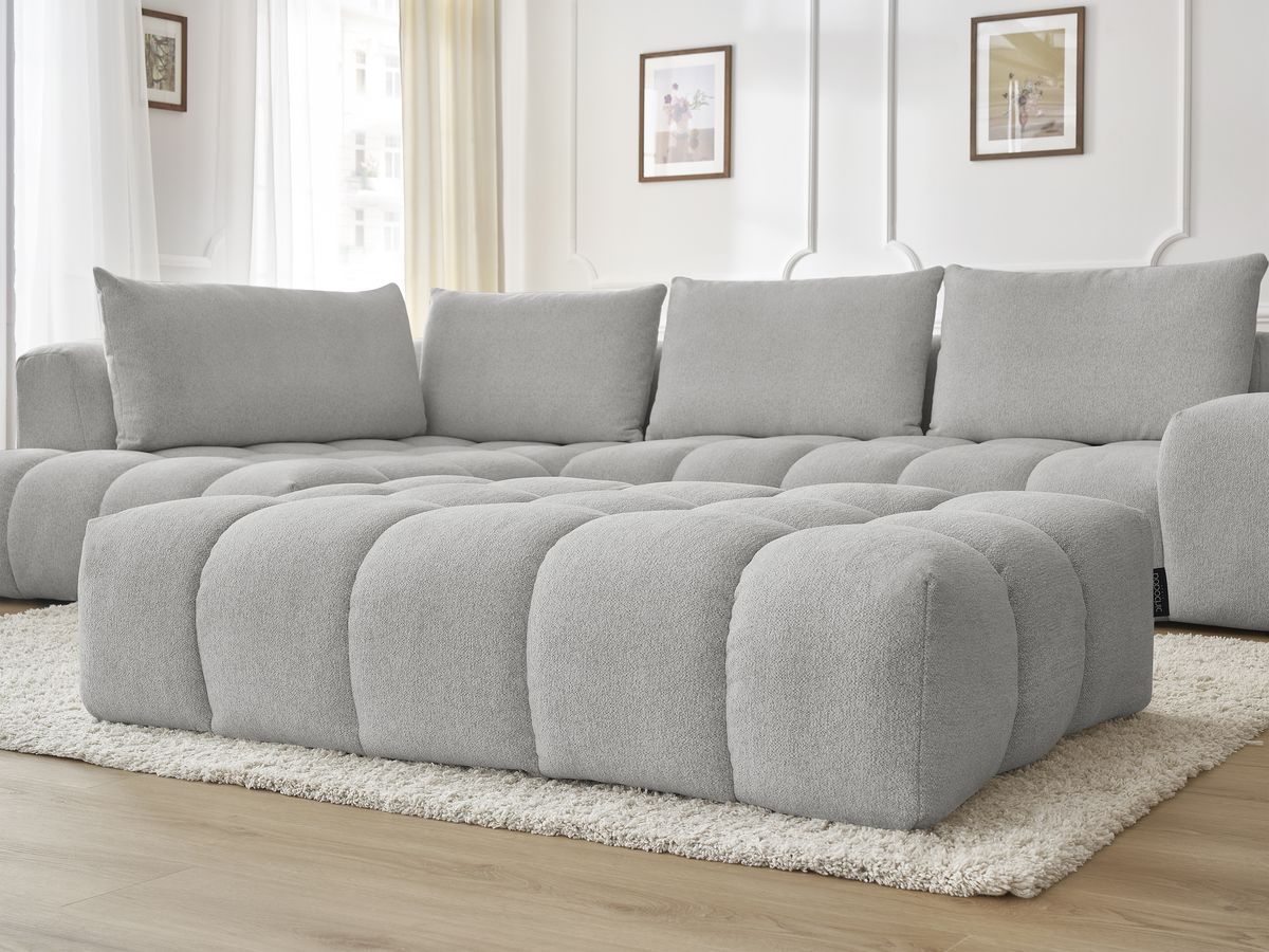 Bobochic Everest Ecksofa mit Schlaffunktion und Pouf, 4 Kissen Melange-Stoff Hellgrau Ecke links