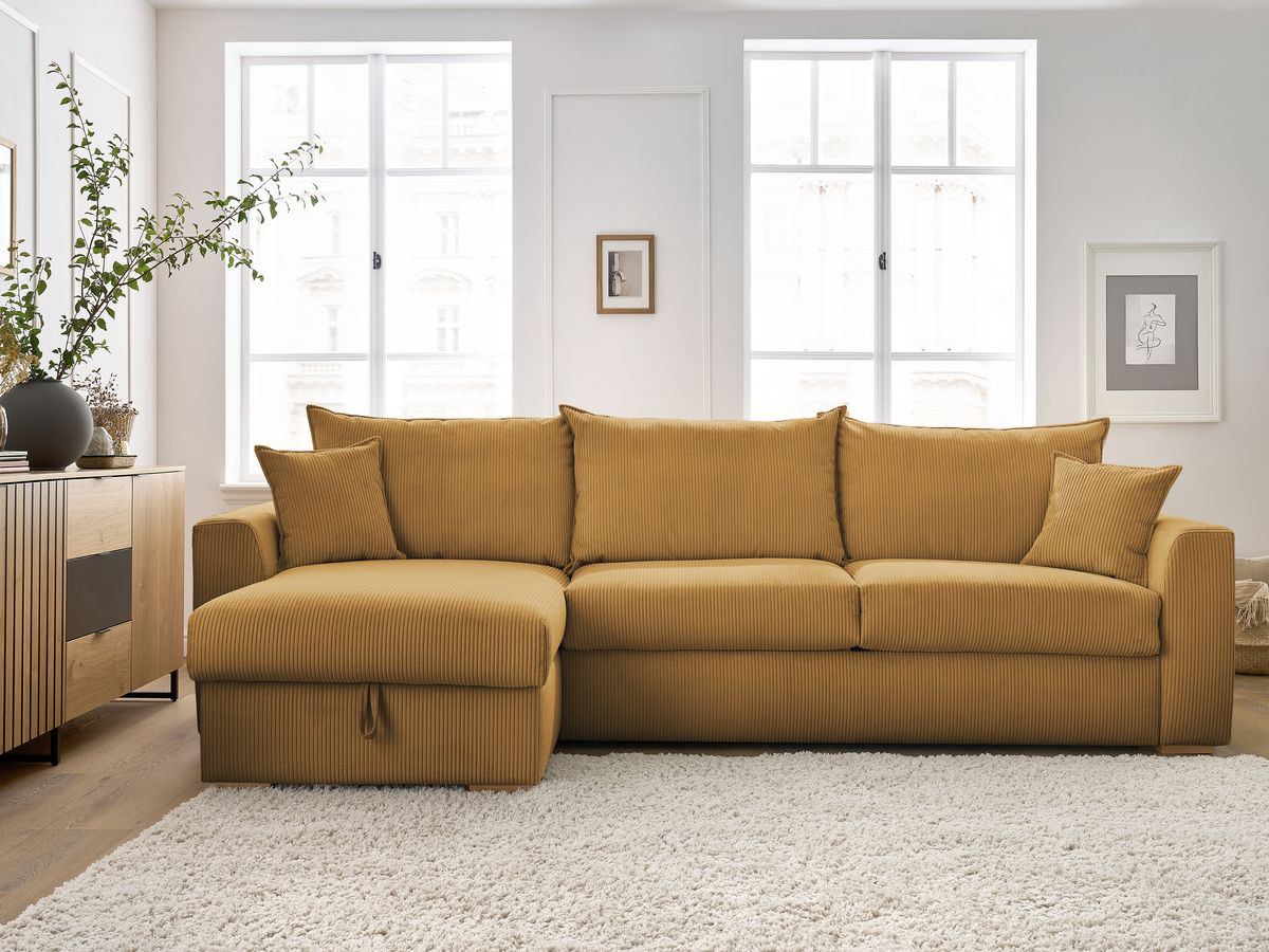 Bobochic Augustin Ecksofa mit Schlaffunktion und Bettkasten Cordsamt Gelb, Liegefläche 160 × 200 cm