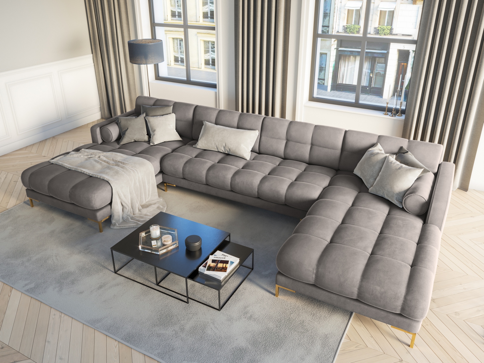 Cosmopolitan Design Panoramasofa Bali 7-Sitzer 383 cm Samt Bluvel Hellgrau Beine Gold