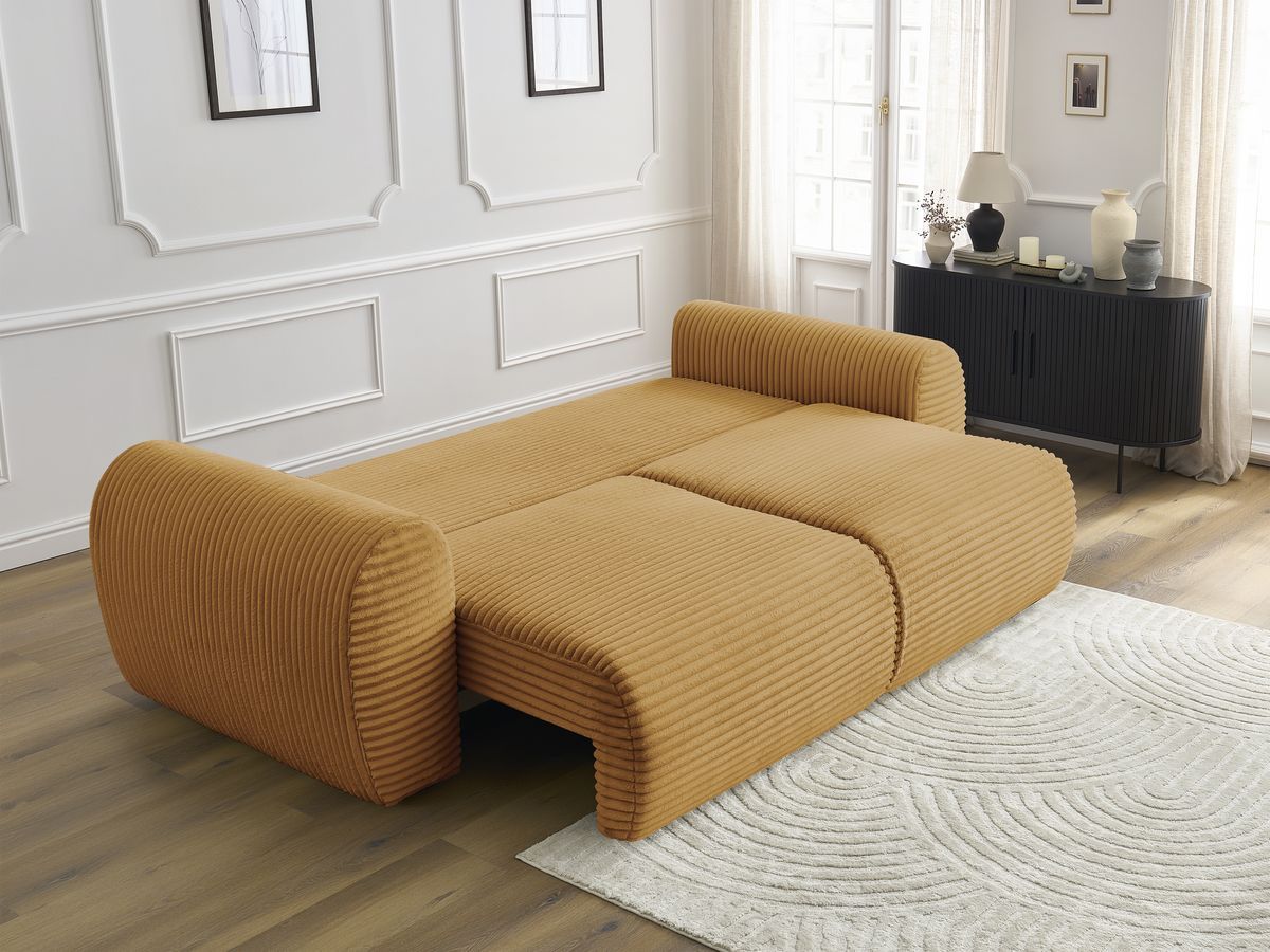 Bobochic Lucien Schlafsofa 3-Sitzer mit Bettkasten Breitcord weich Gelb
