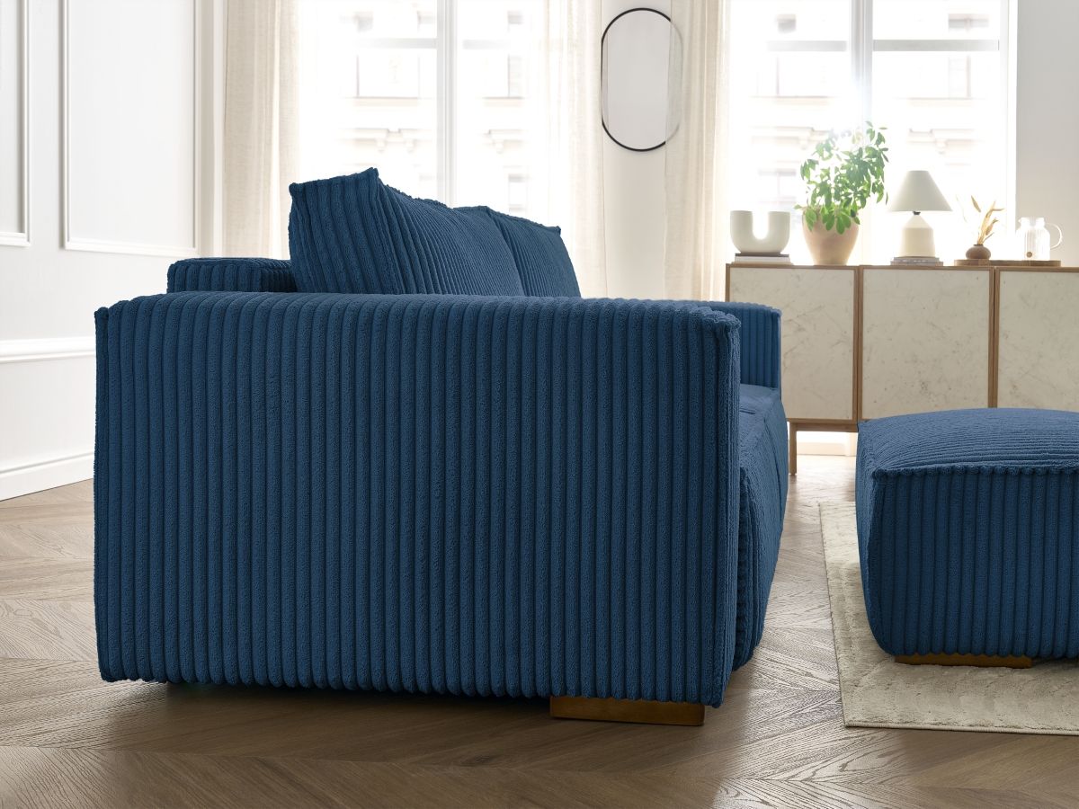 Bobochic Chelsea Schlafsofa 4-Sitzer mit Bettkasten und Pouf Breitcord weich Dunkelblau