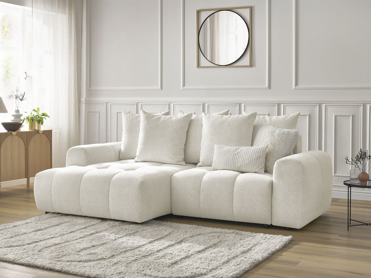 Bobochic Roxelane Ecksofa mit Schlaffunktion und Bettkasten 258 × 150 cm Melange-Stoff Weiß Ecke links