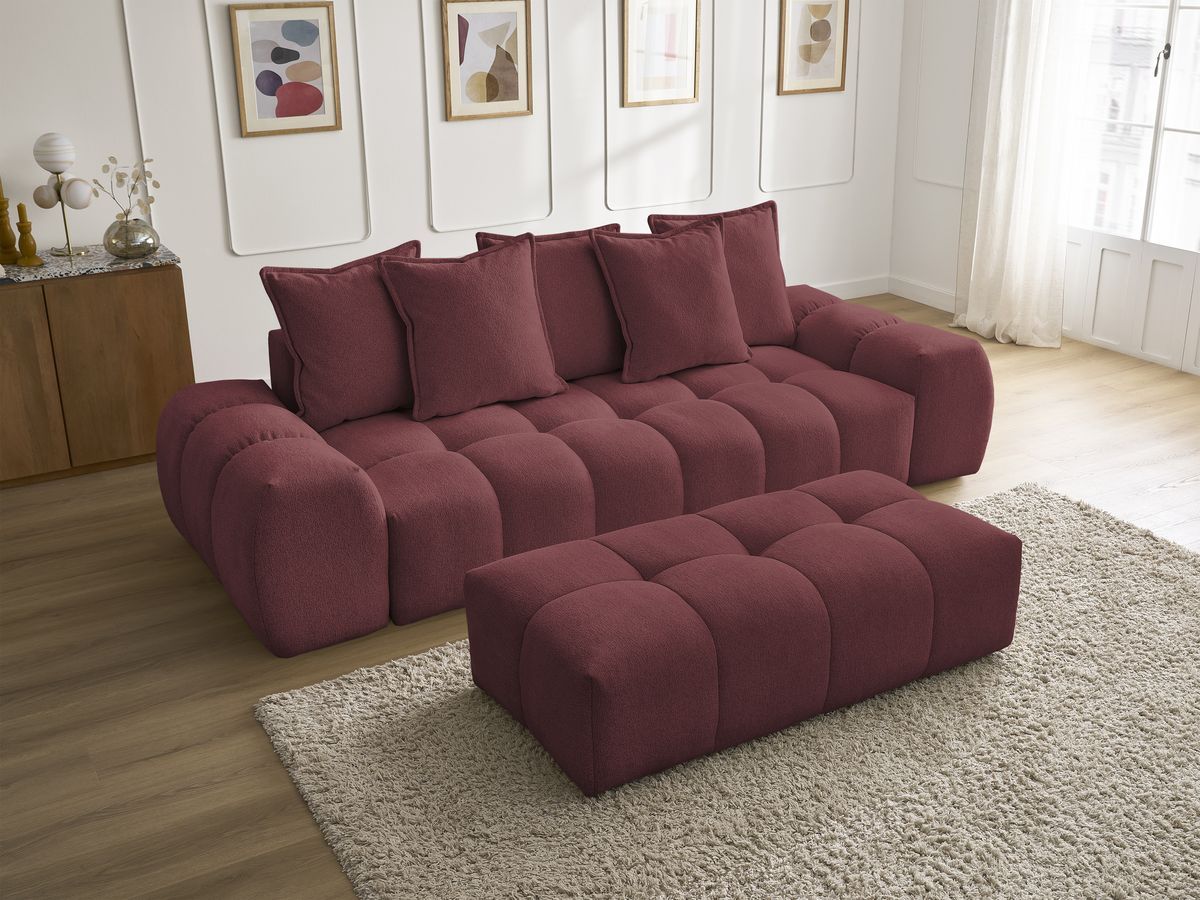 Bobochic Everest Sofa 3-Sitzer mit Pouf, 5 Kissen Melange-Stoff Rot