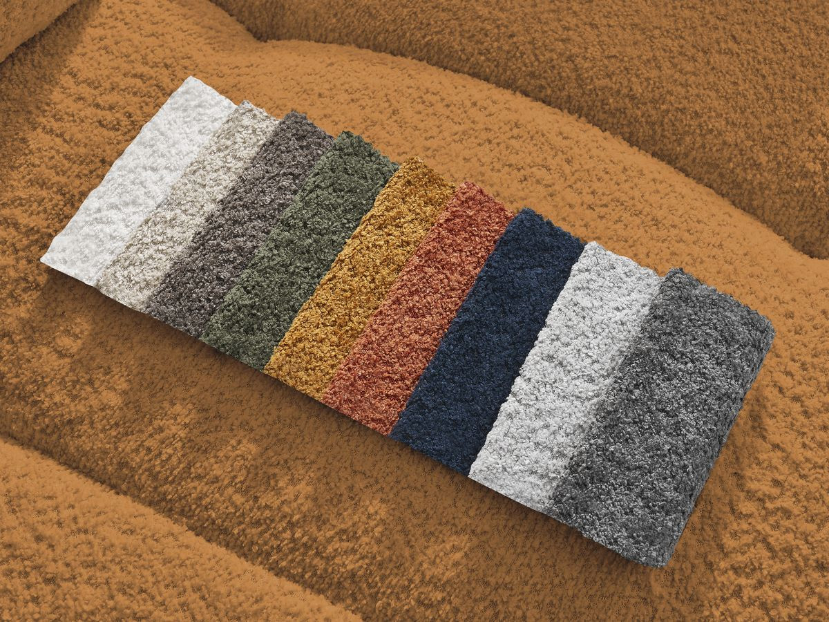 Bobochic Roxelane Ecksofa mit Schlaffunktion und Bettkasten und Pouf 258 × 150 cm Bouclé-Stoff Gelb Ecke rechts