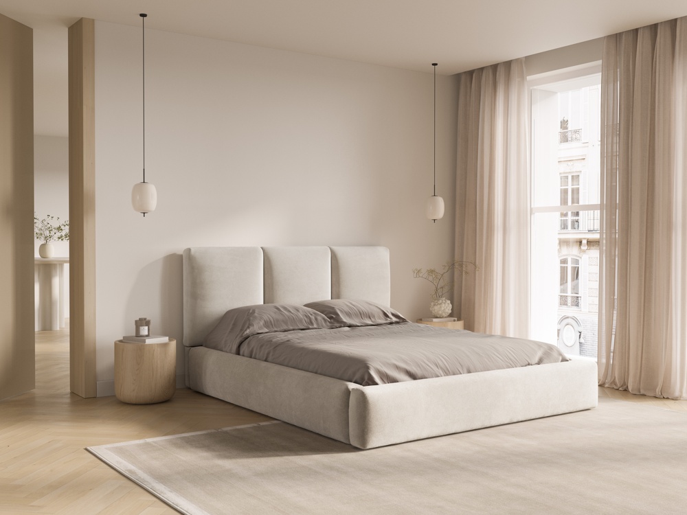 Cosmopolitan Design Stauraumbett mit Kopfteil Nicolas 140x200 Samt Riviera Beige