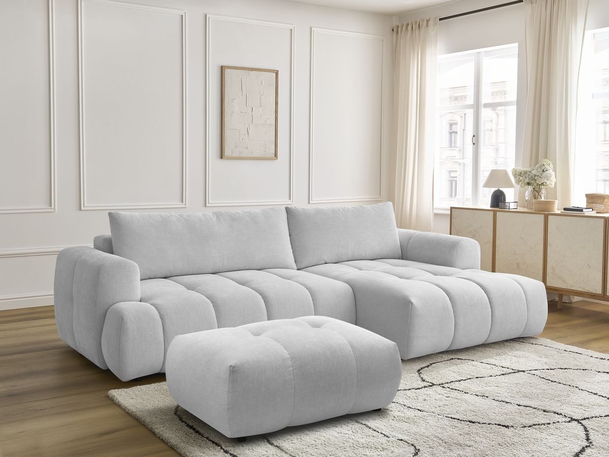 Bobochic Fuji Ecksofa mit Schlaffunktion und Bettkasten und Pouf 292 × 160 cm Stoff Hellgrau Ecke rechts