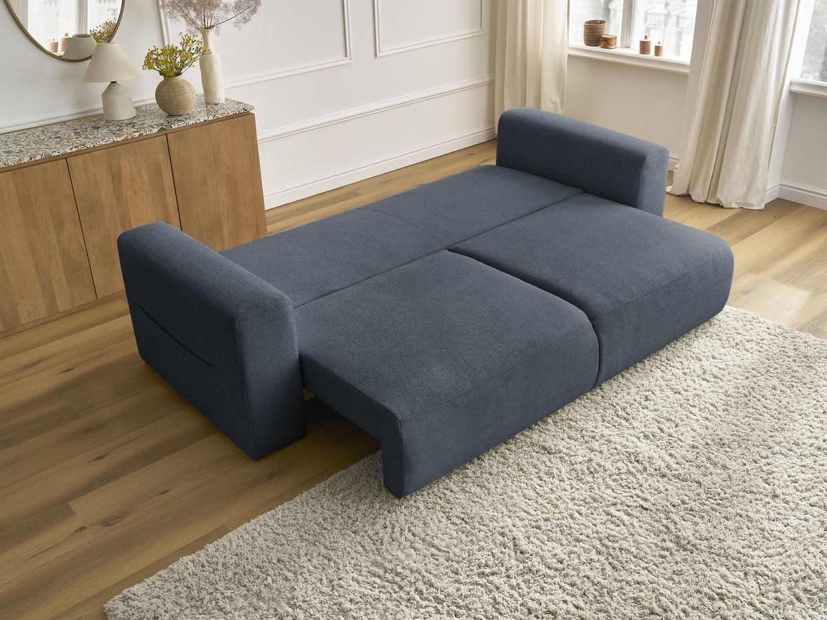 Bobochic Sidonie Schlafsofa 3-Sitzer mit Bettkasten Melange-Stoff Dunkelblau