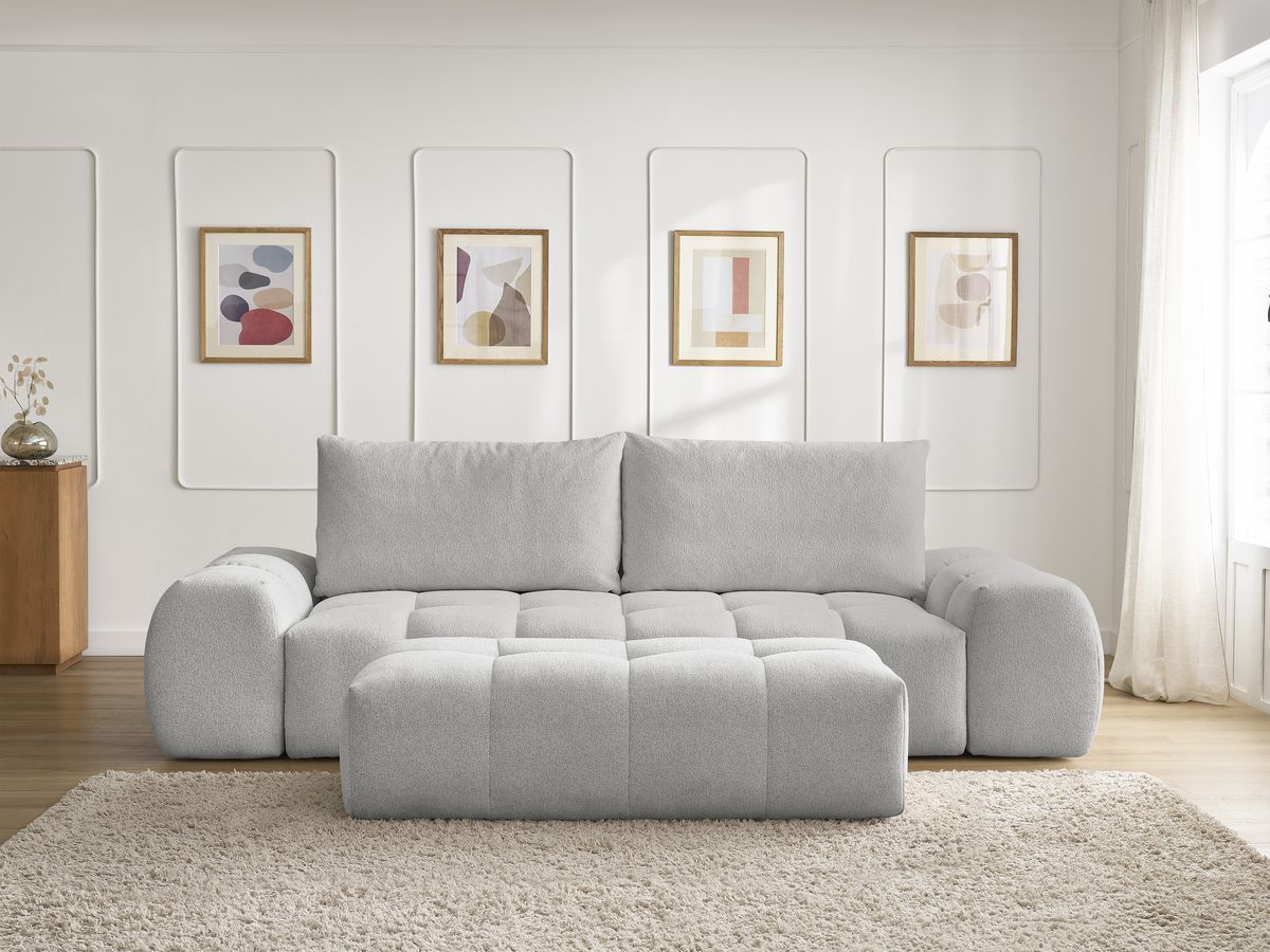 Bobochic Everest Schlafsofa 3-Sitzer mit Bettkasten und Pouf, 2 Kissen Melange-Stoff Hellgrau