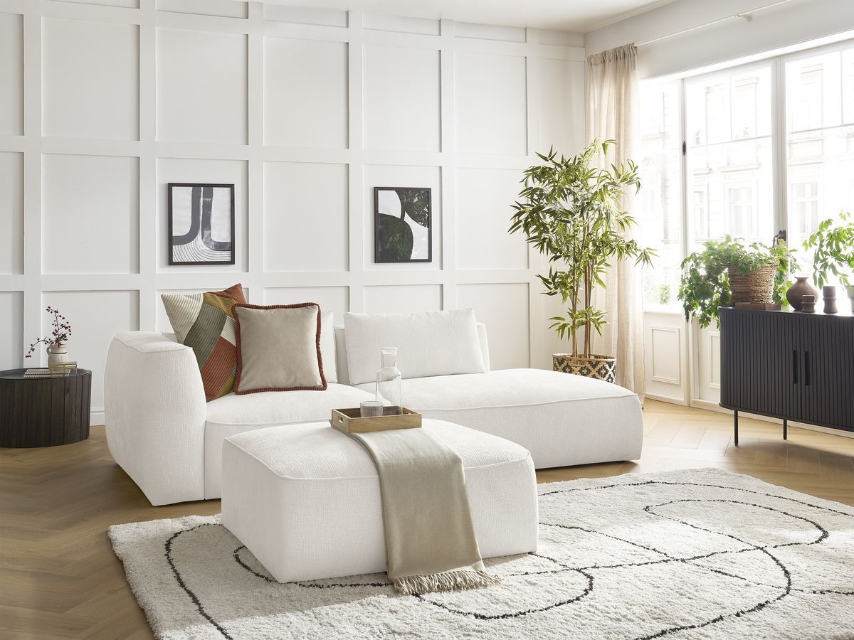 Bobochic Leopold Sofa 4-Sitzer mit Pouf Strukturstoff Weiß Armlehne links