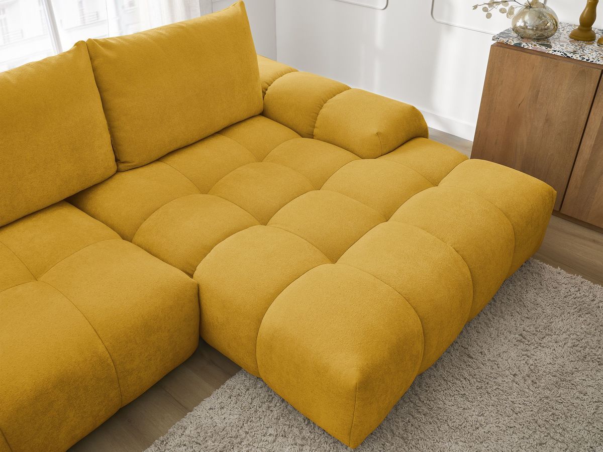 Bobochic Everest Ecksofa mit Schlaffunktion und Bettkasten 318 × 180 cm, 3 Kissen Strukturstoff Gelb Ecke rechts