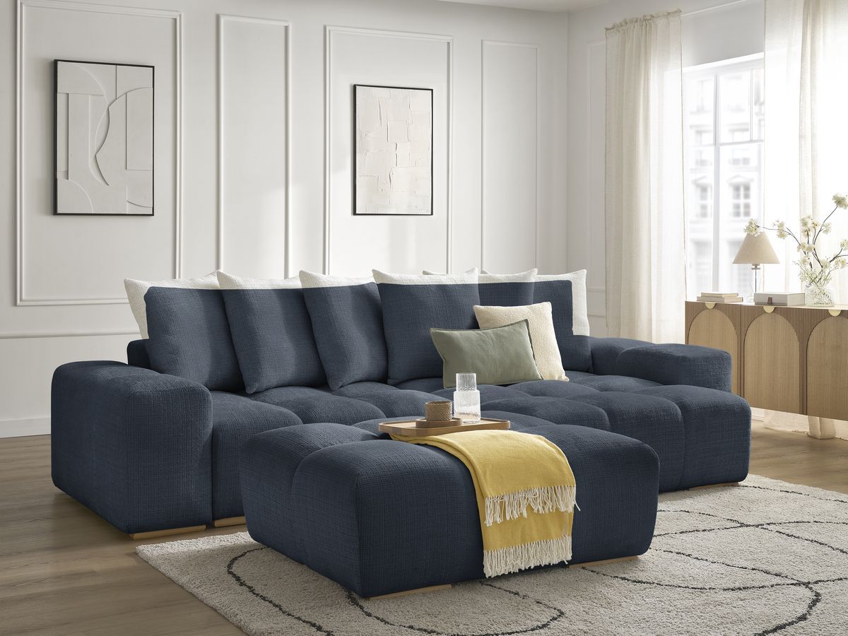Bobochic Anakin Ecksofa mit Pouf, 6 Kissen Strukturstoff Dunkelblau