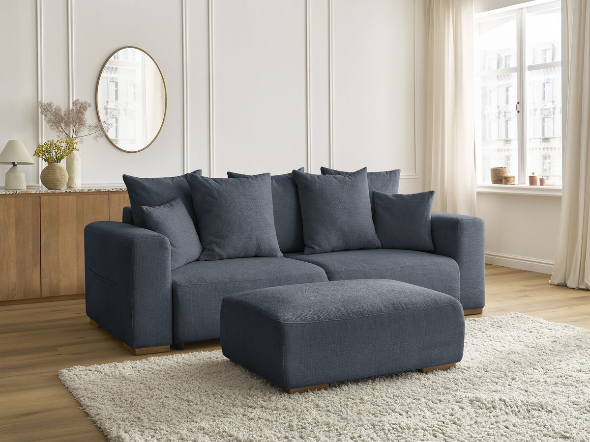 Bobochic Sidonie Schlafsofa 4-Sitzer mit Bettkasten und Pouf Melange-Stoff Dunkelblau