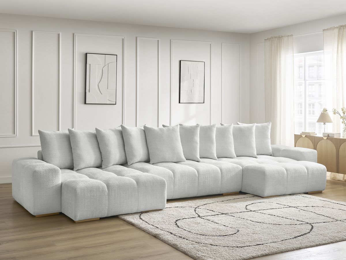 Bobochic Anakin Wohnlandschaft, Liegefläche 137 × 382 cm, 10 Kissen Strukturstoff Hellgrau