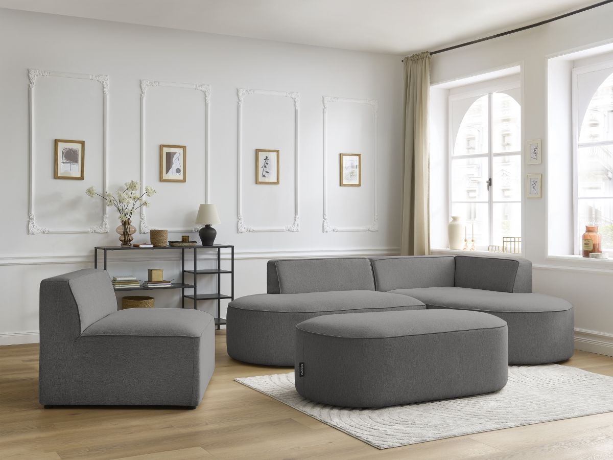 Bobochic Rousseau Ecksofa mit Sofamodul und Pouf Melange-Stoff Dunkelgrau Ecke rechts