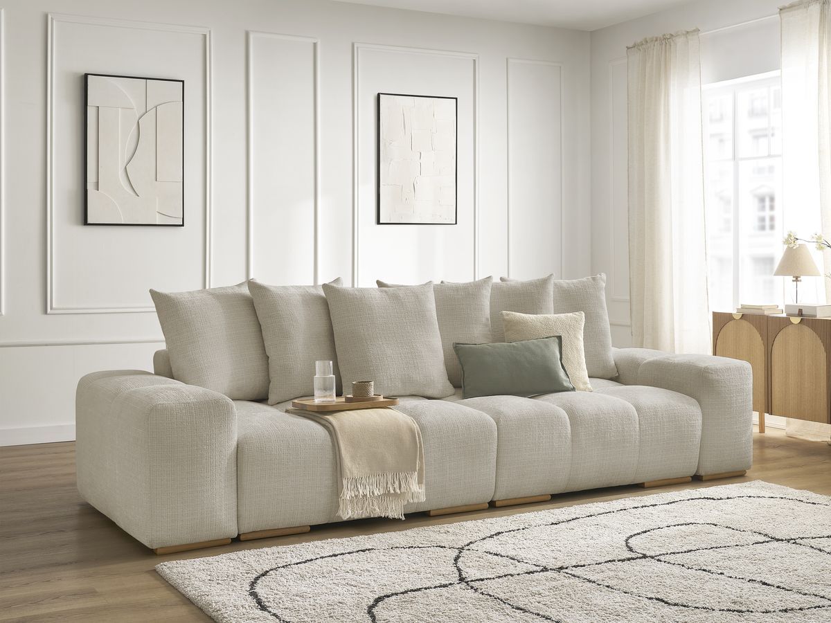 Bobochic Anakin Schlafsofa 3-Sitzer mit Bettkasten, 6 Kissen Strukturstoff Beige
