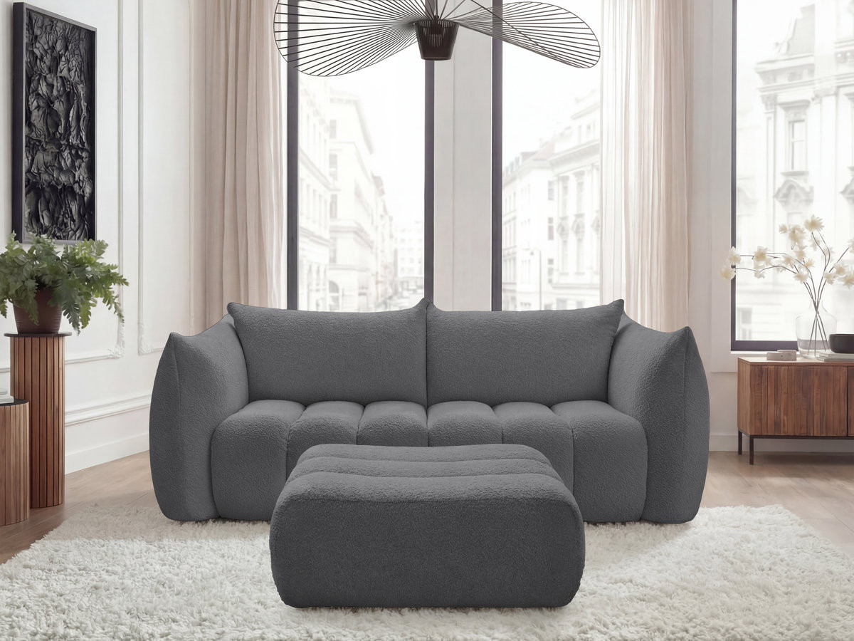 Bobochic Azra Sofa 3-Sitzer mit Pouf Bouclé-Stoff Dunkelgrau