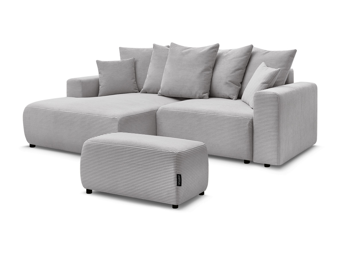 Bobochic Atilla Ecksofa mit Schlaffunktion und Bettkasten und Pouf Cordsamt Hellgrau Ecke links
