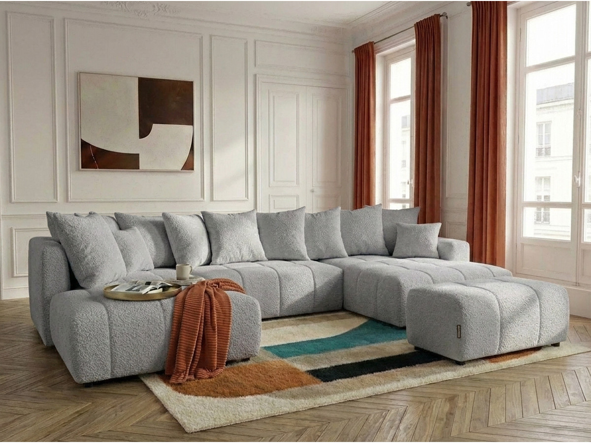 Bobochic Roxelane Wohnlandschaft mit Pouf Bouclé-Stoff Hellgrau Ecke rechts