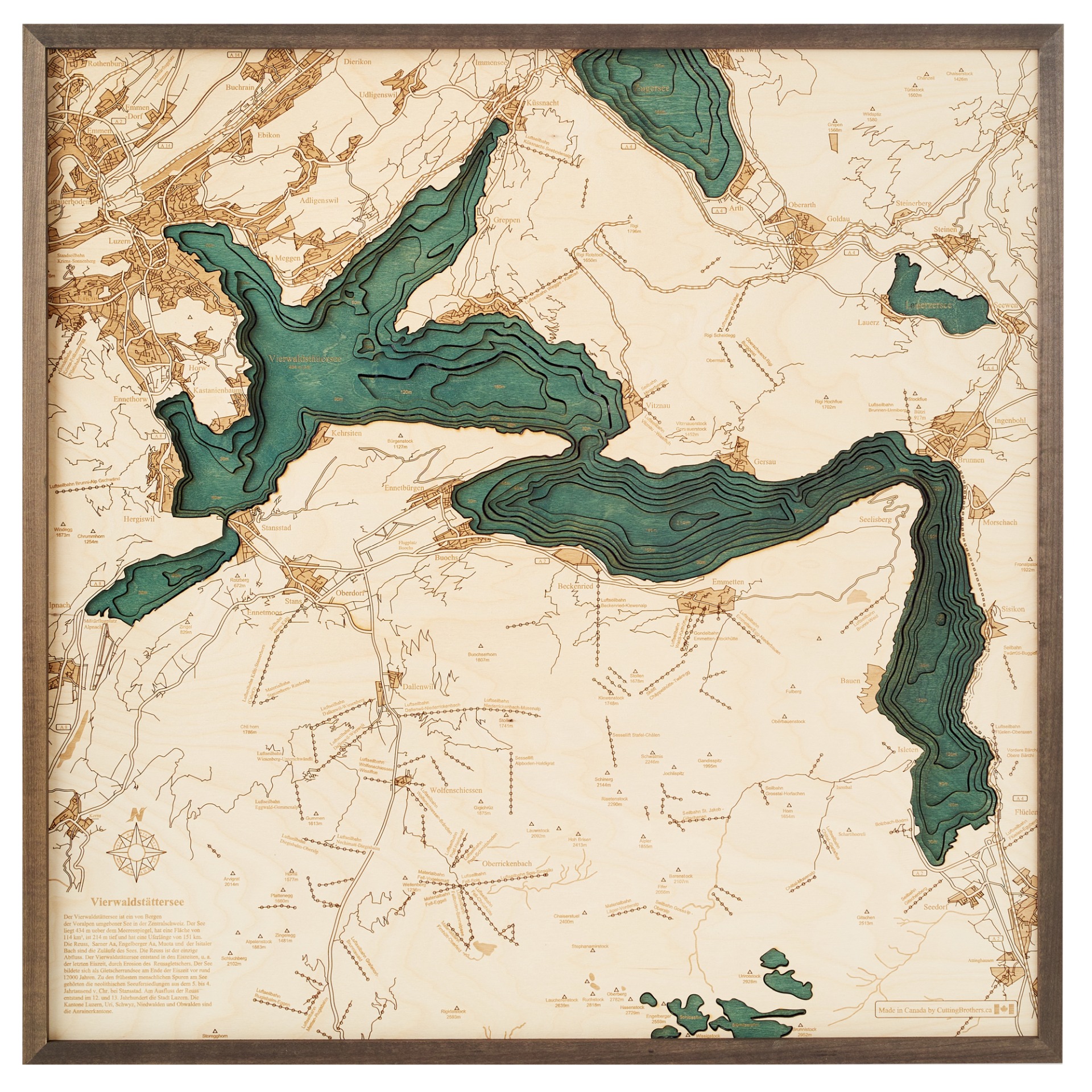 Cutting Brothers 3D Holz-Wandkarte Vierwaldstättersee 76x76 cm