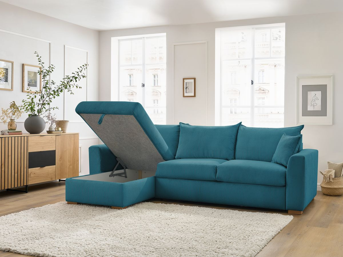 Bobochic Augustin Ecksofa mit Schlaffunktion und Bettkasten Cordsamt Hellblau, Liegefläche 140 × 200 cm