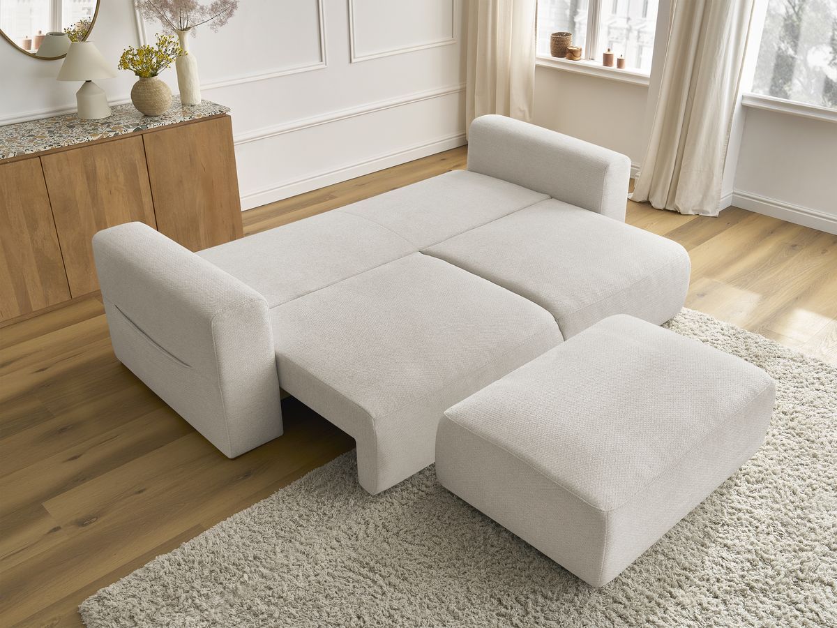 Bobochic Sidonie Schlafsofa 4-Sitzer mit Bettkasten und Pouf Melange-Stoff Beige