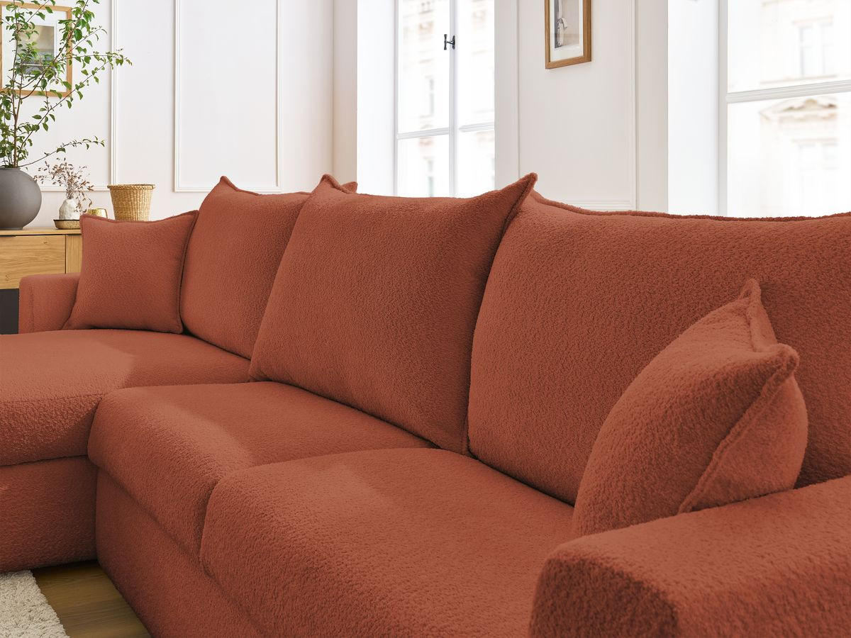 Bobochic Augustin Ecksofa mit Schlaffunktion und Bettkasten Bouclé-Stoff Orange, Liegefläche 140 × 200 cm