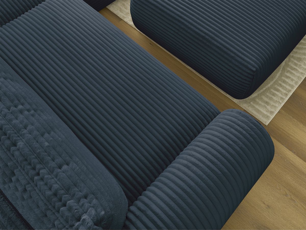 Bobochic Lucien Ecksofa mit Schlaffunktion und Bettkasten und Pouf 314 × 167 cm Breitcord weich Dunkelblau Ecke rechts