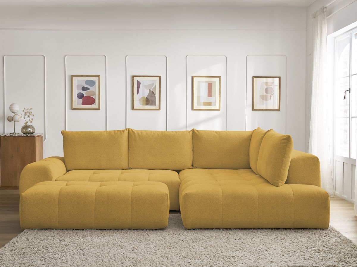 Bobochic Everest Ecksofa mit Schlaffunktion und Bettkasten und Pouf 320 × 212 cm, 5 Kissen Melange-Stoff Gelb Ecke rechts