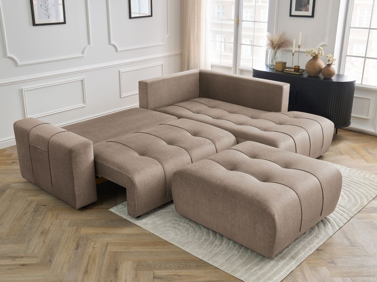 Bobochic Arsene Ecksofa mit Schlaffunktion und Bettkasten und Pouf 277 × 200 cm Samt Taupe Ecke rechts