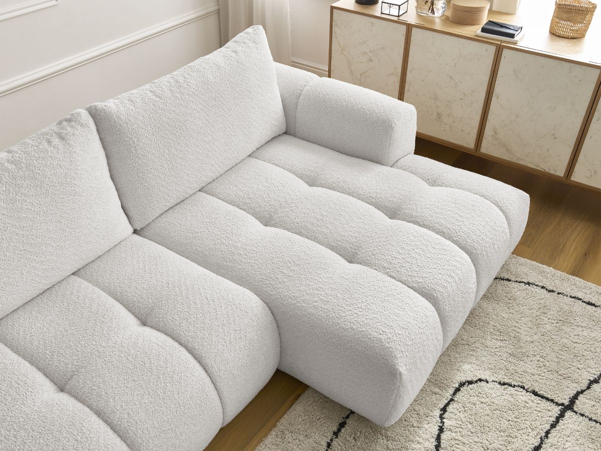 Bobochic Fuji Ecksofa mit Schlaffunktion und Bettkasten 292 × 160 cm Bouclé-Stoff Weiß Ecke rechts