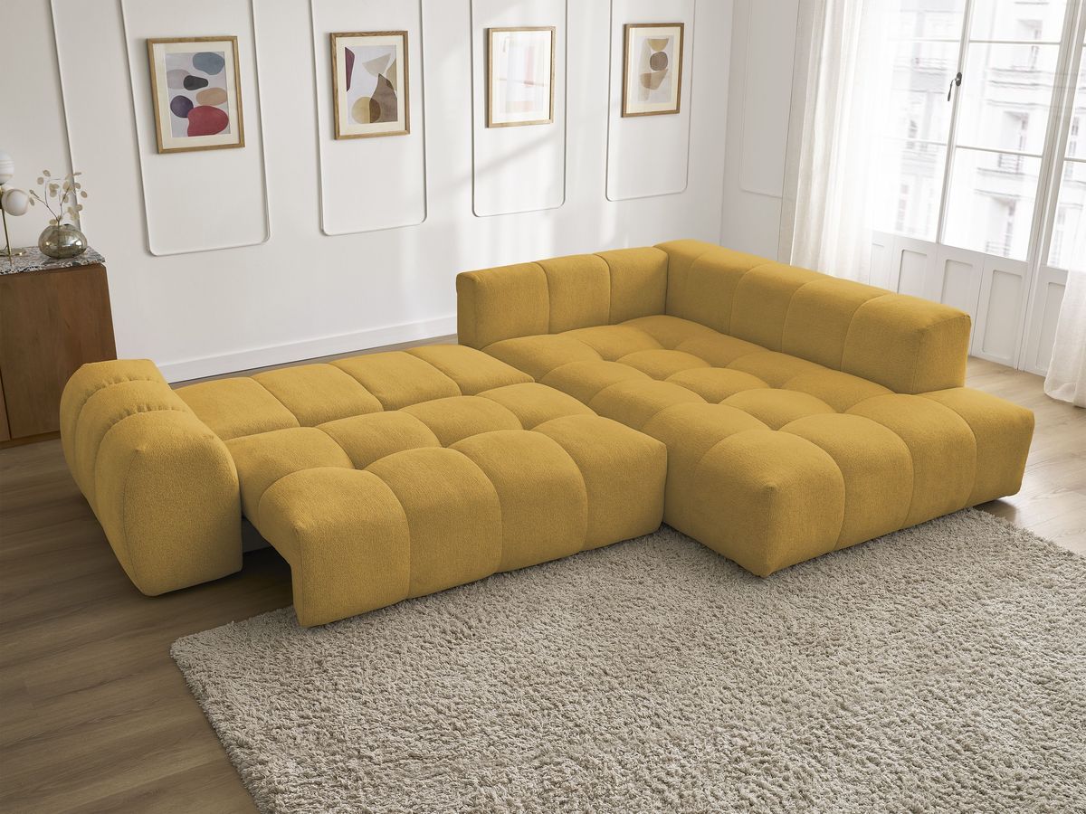 Bobochic Everest Ecksofa mit Schlaffunktion und Bettkasten 320 × 212 cm, 5 Kissen Melange-Stoff Gelb Ecke rechts