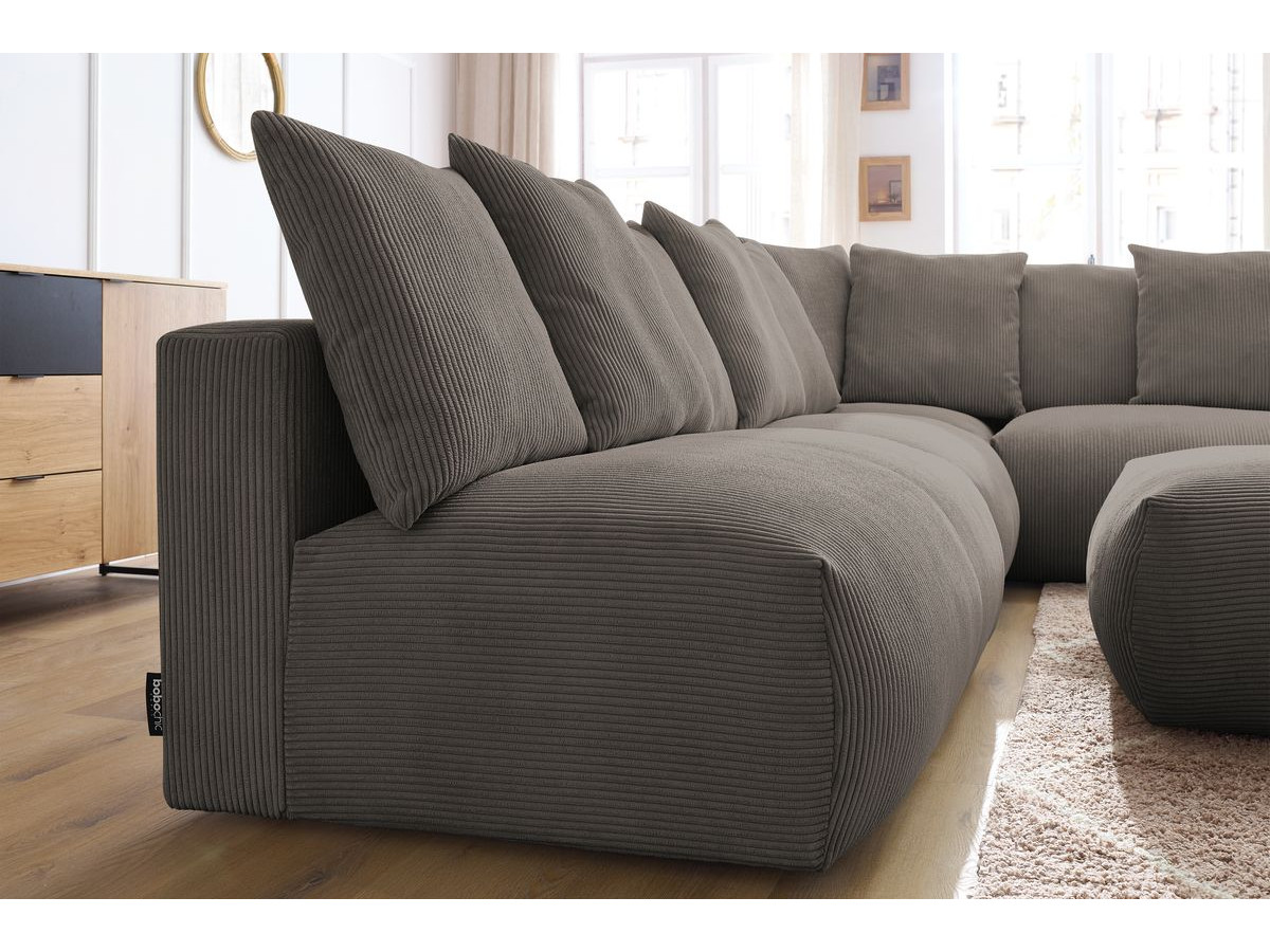 Bobochic Voltaire Ecksofa mit Pouf 322 × 268 cm Cordsamt Taupe Ecke rechts