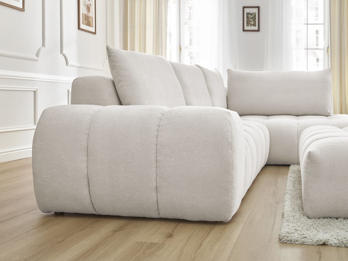 Bobochic Everest Ecksofa mit Schlaffunktion und Pouf, 4 Kissen Strukturstoff Weiß Ecke rechts