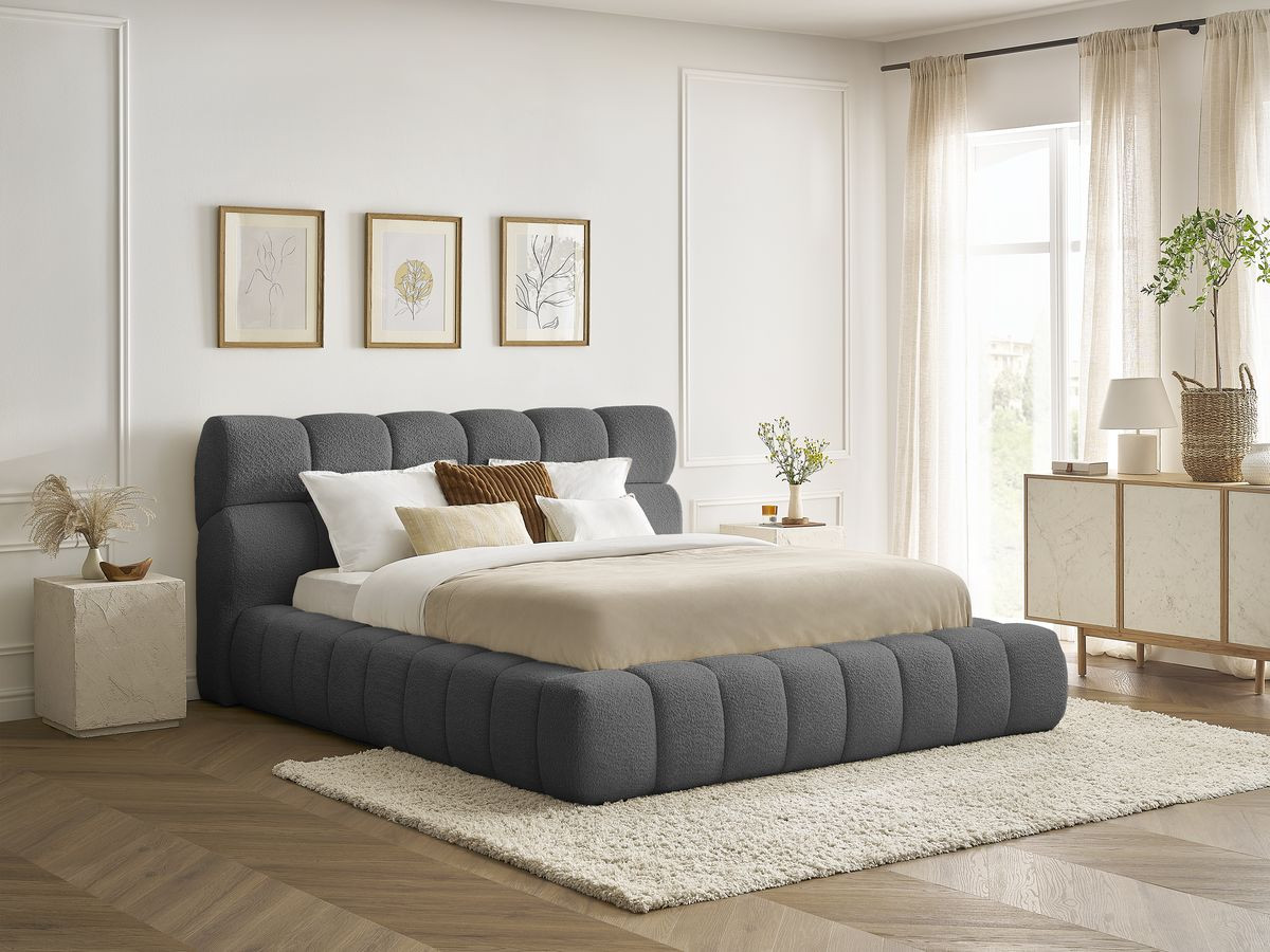 Bobochic Mont-blanc Polsterbett mit Bettkasten Bouclé-Stoff Dunkelgrau, Liegefläche 140 × 190 cm