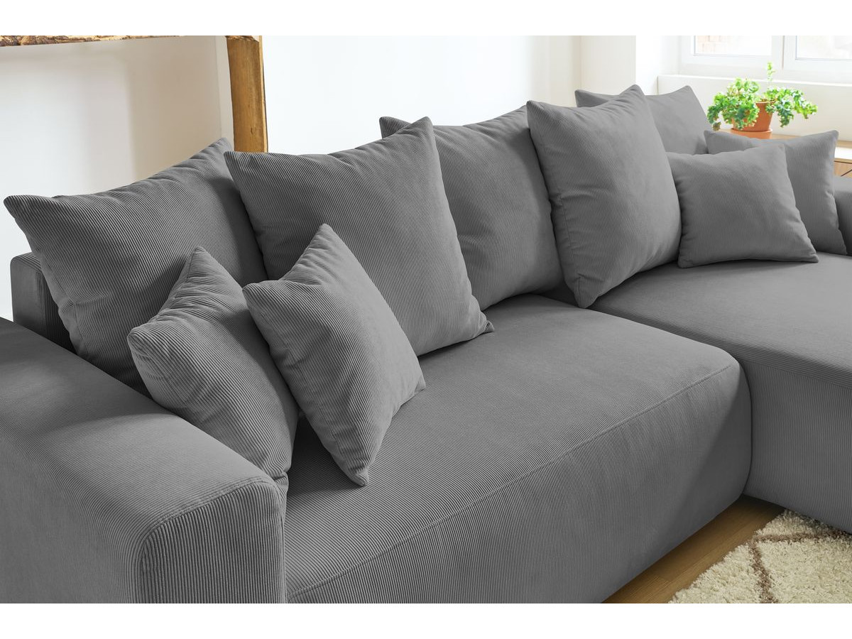Bobochic Envy Ecksofa mit Schlaffunktion und Bettkasten und Pouf Cordsamt Dunkelgrau