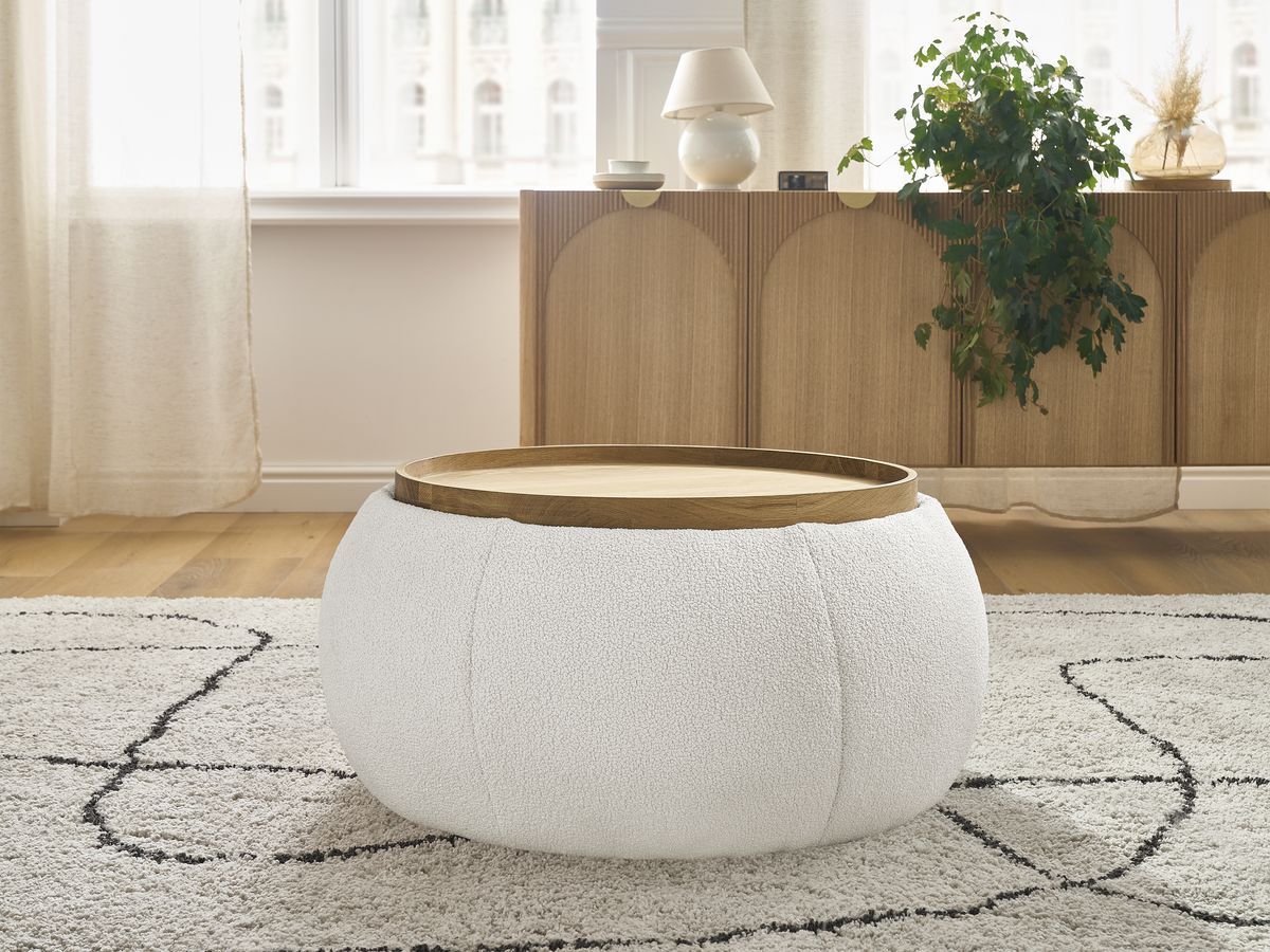 Bobochic Hayden Pouf mit Tablett, rund Bouclé-Stoff Weiß, 77 cm