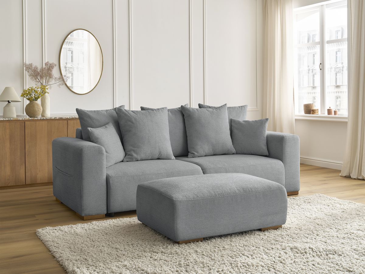 Bobochic Sidonie Schlafsofa 4-Sitzer mit Bettkasten und Pouf Melange-Stoff Dunkelgrau