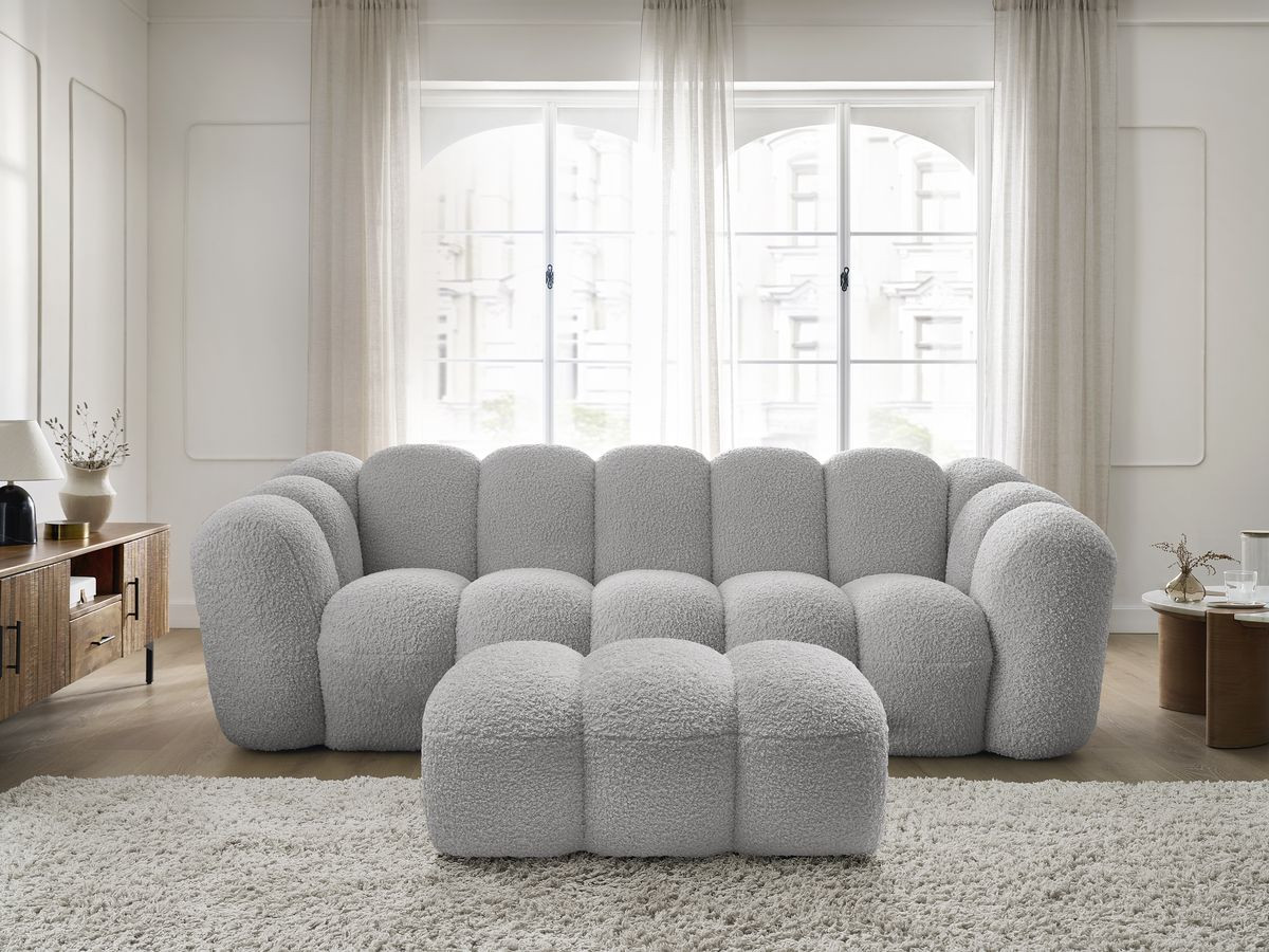 Bobochic Hippolyte Sofa 3-Sitzer mit Pouf Bouclé-Stoff Hellgrau