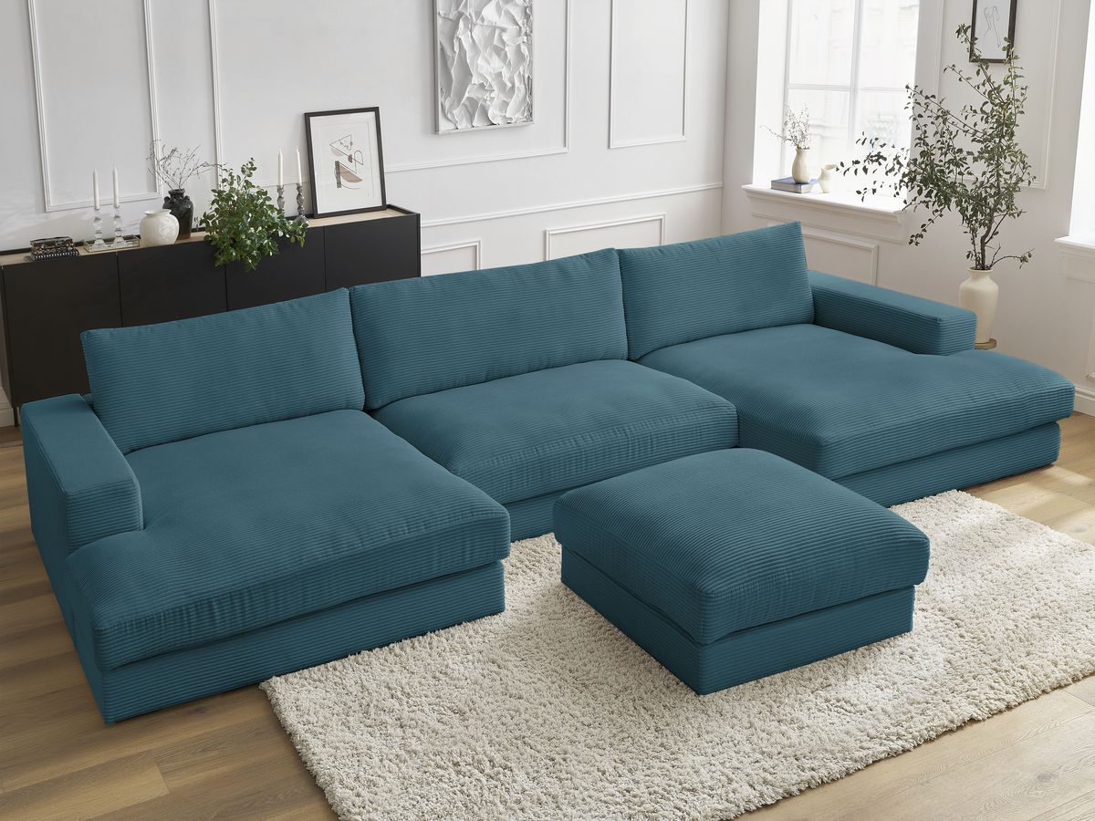 Bobochic Leonard Wohnlandschaft mit Pouf 349 × 159 cm Cordsamt Hellblau
