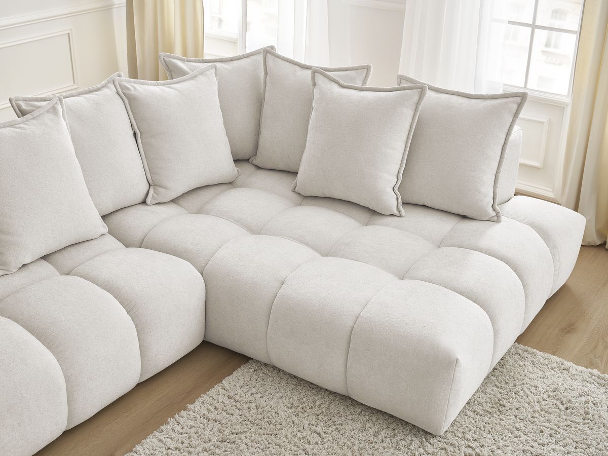 Bobochic Everest Ecksofa mit Schlaffunktion und Pouf, 10 Kissen Strukturstoff Weiß Ecke rechts
