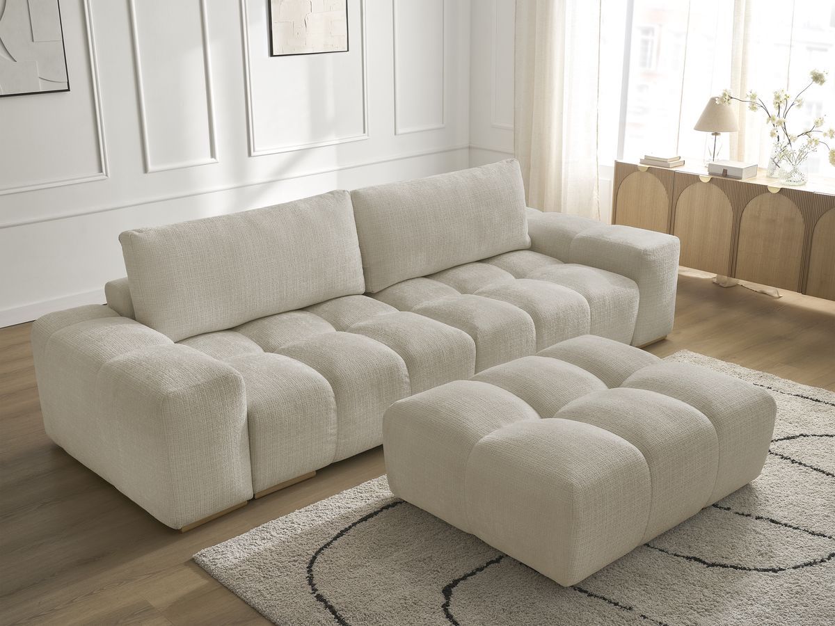 Bobochic Anakin Sofa 3-Sitzer mit Pouf, 2 Kissen Strukturstoff Beige